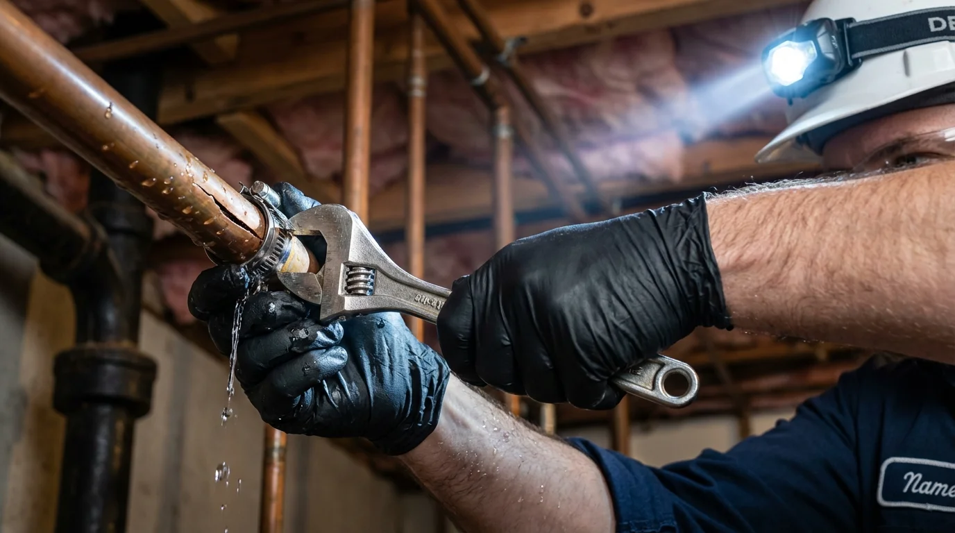 Emergency pipe clamp repair being performed by a Johns Plumbing LLC plumber in Perryton