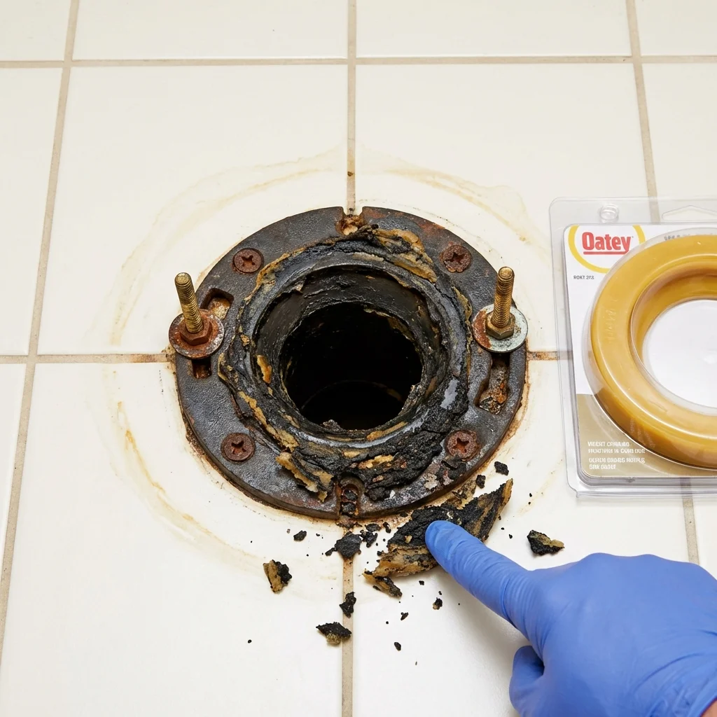 Failed wax ring showing water seepage at the base of a toilet in a Perryton, TX home